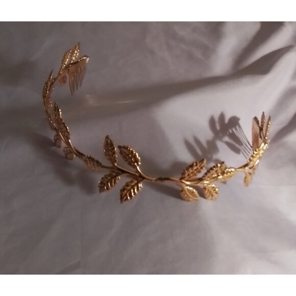 Gold Tone Leaf Bridal Formal Headband With Side Combs - Picture 2 of 4